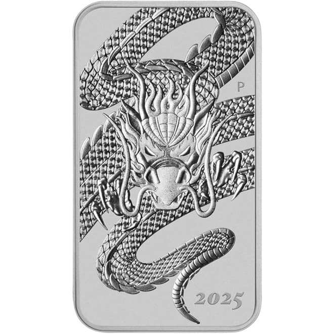 Lingou argint Dragon Rectangular 2025 1 oz 999.9 Perth Mint Australia (fata)