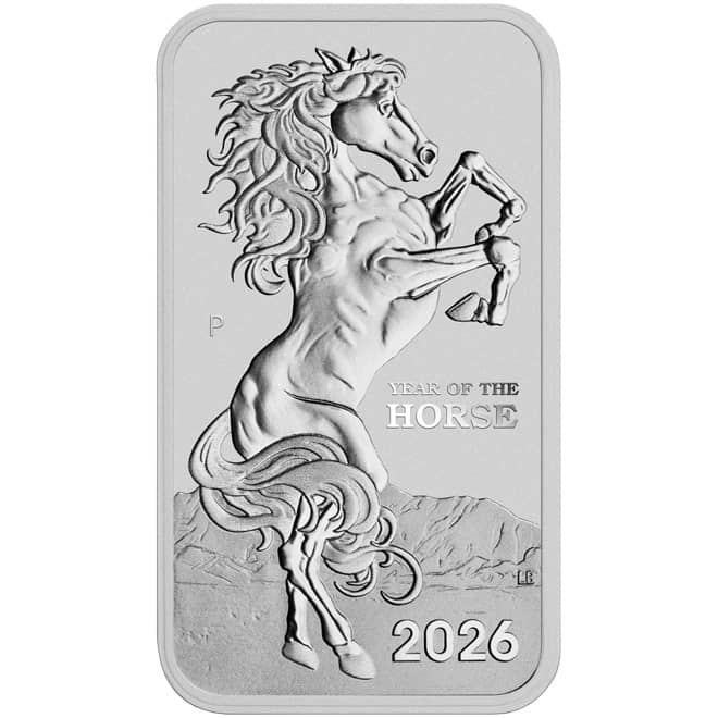Lingou argint Lunar Horse 2026 Rectangular 1 oz Perth Mint Australia (fata)