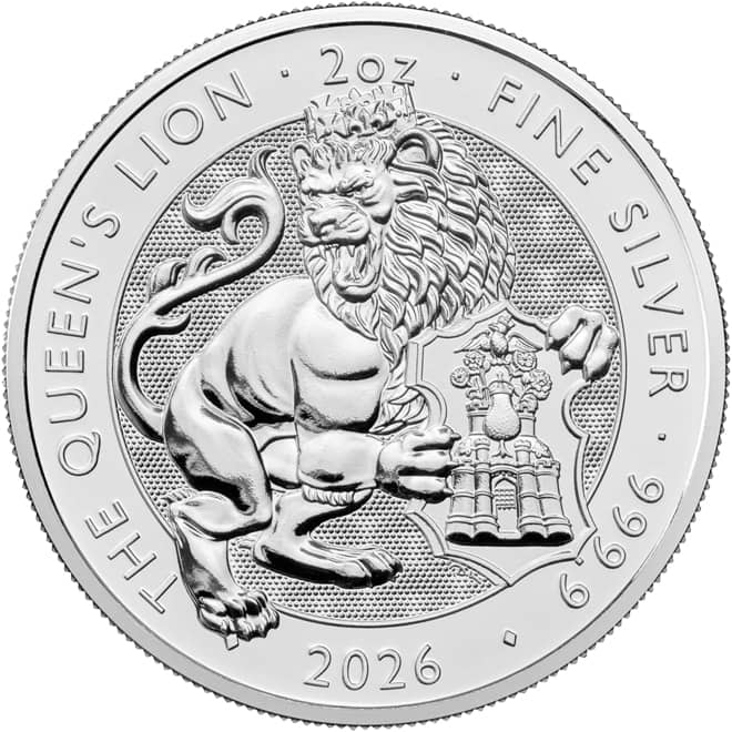 Revers moneda argint 2 oz Queen's Lion Tudor Beasts 2026 Marea Britanie